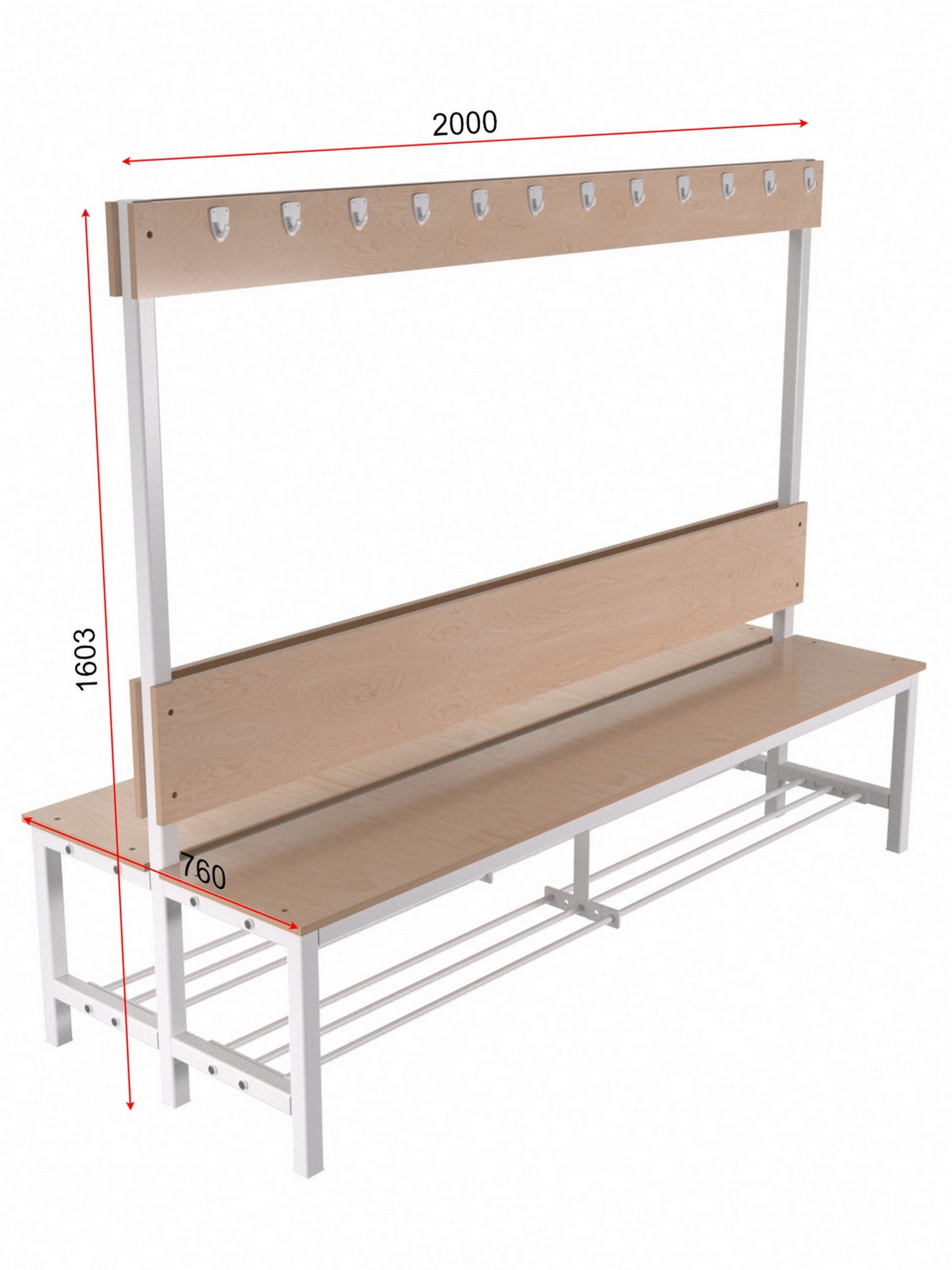 Скамейка для раздевалки двухсторонняя, с вешалкой (настил ЛДСП) с полкой для обуви 3 м Glav 10.050-3000 1500_2000