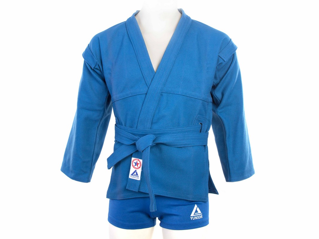 Комплект для Самбо (куртка, шорты трикотаж) плетенный, лицензионный, синий 1067_800