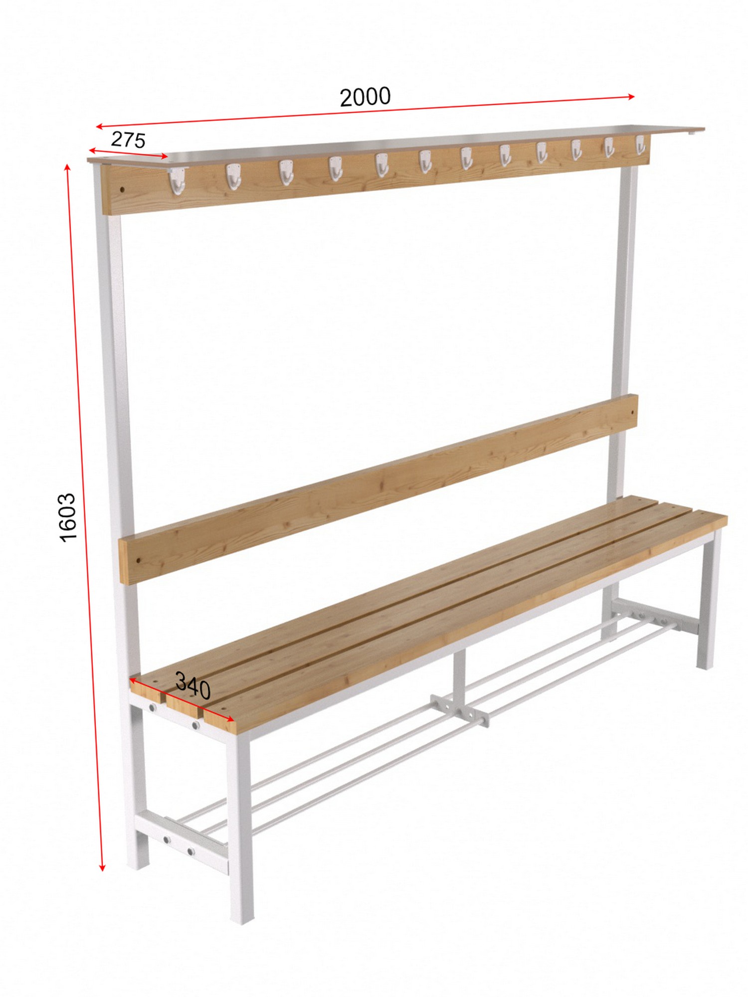 Скамейка для раздевалки c вешалкой односторонняя разборная с полкой для обуви и для головных уборов 3 м Glav 10.006-3000 1500_2000