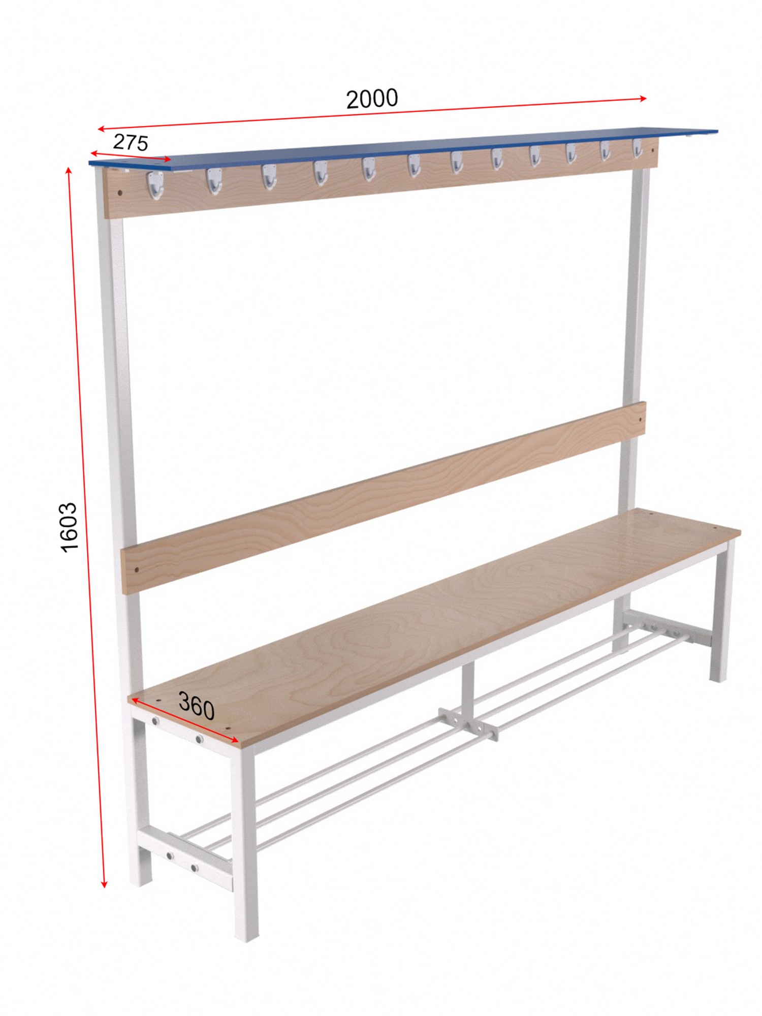 Скамейка для раздевалки c вешалкой односторонняя разборная с полкой для обуви и для головных уборов. Настил ЛДСП 2,5 м Glav 10.007-2500 1500_2000